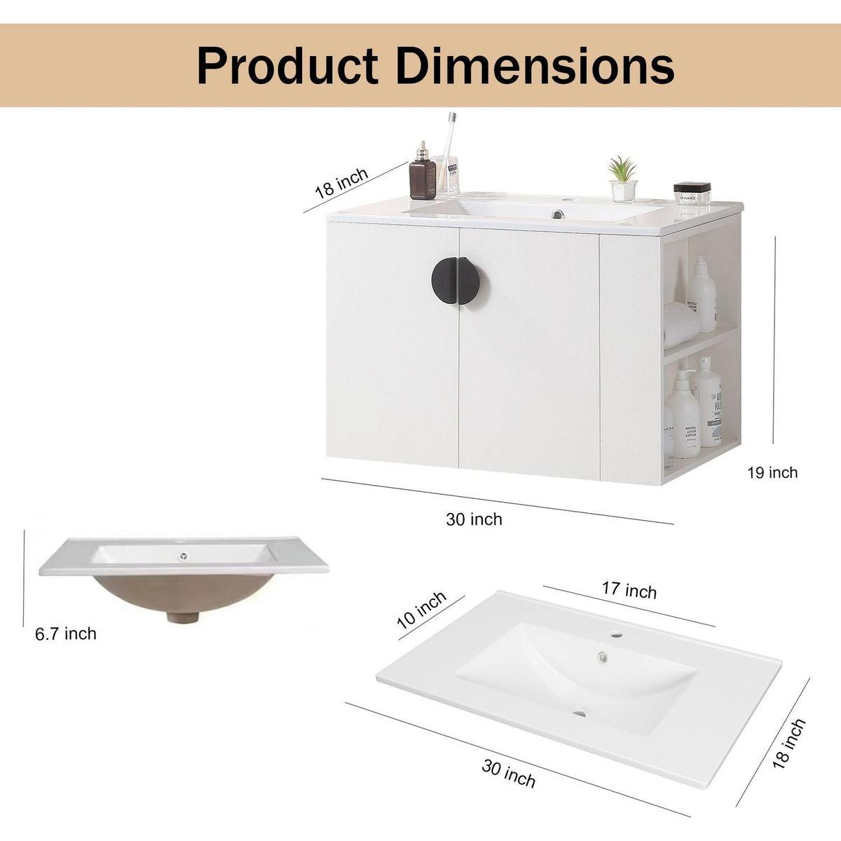 30" Bathroom Vanity with Sink,with two Doors Cabinet Bathroom Vanity Set with Side right Open Storage Shelf,Solid Wood,Excluding faucets,white