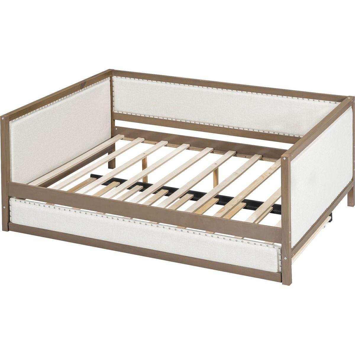 Full Size Upholstered Daybed with Trundle and Nailhead Decoration, Wood Color