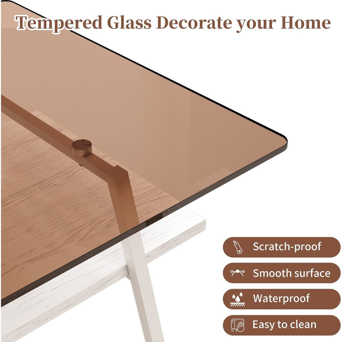 Rectangle Coffee Table, Tempered Glass Tabletop with White Metal Legs, Modern Table for Living Room, Brown Glass