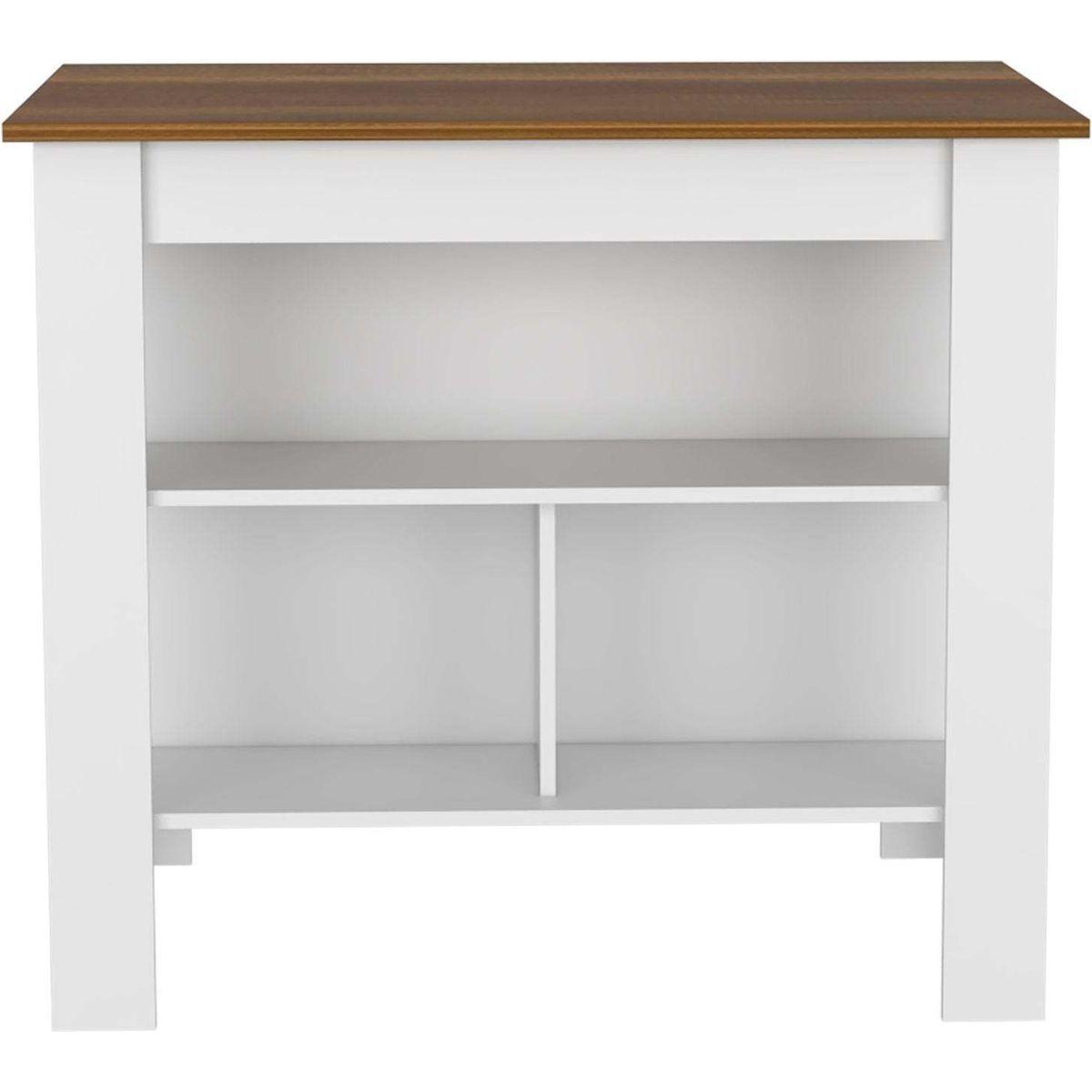 Kitchen Island, kitchen table 35" H, Four Legs, Three Open Storage Shelves, White / Walnut