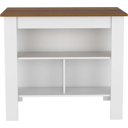 Kitchen Island, kitchen table 35" H, Four Legs, Three Open Storage Shelves, White / Walnut