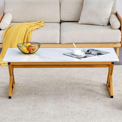 A modern minimalist style white marble patterned coffee table with golden metal legs. Computer desk. Game table. Tea table. CT-XX