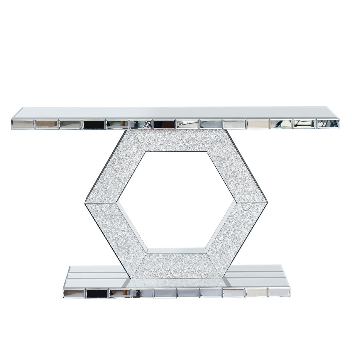 Sparkling Crystal Hexagon Mirror Entryway - Premium Modern Foyer Console Table with Diamond Glass Effects, Dual-Tier Luxury Sofa Table