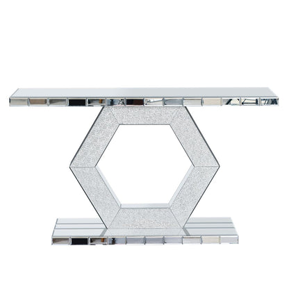 Sparkling Crystal Hexagon Mirror Entryway - Premium Modern Foyer Console Table with Diamond Glass Effects, Dual-Tier Luxury Sofa Table