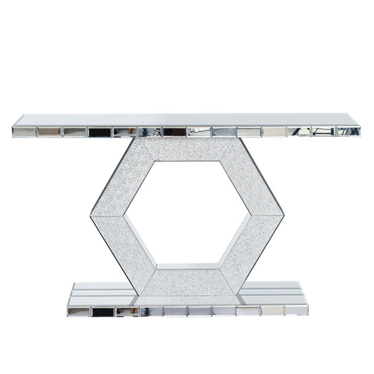 Sparkling Crystal Hexagon Mirror Entryway - Premium Modern Foyer Console Table with Diamond Glass Effects, Dual-Tier Luxury Sofa Table