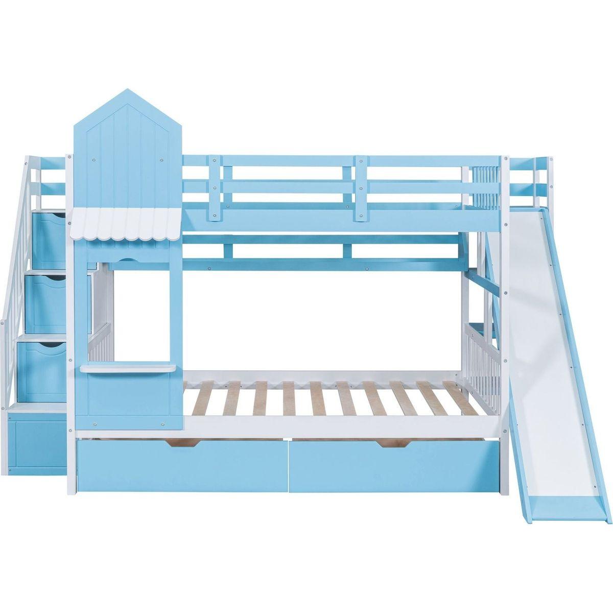 Full-Over-Full Castle Style Bunk Bed with 2 Drawers 3 Shelves and Slide - Blue