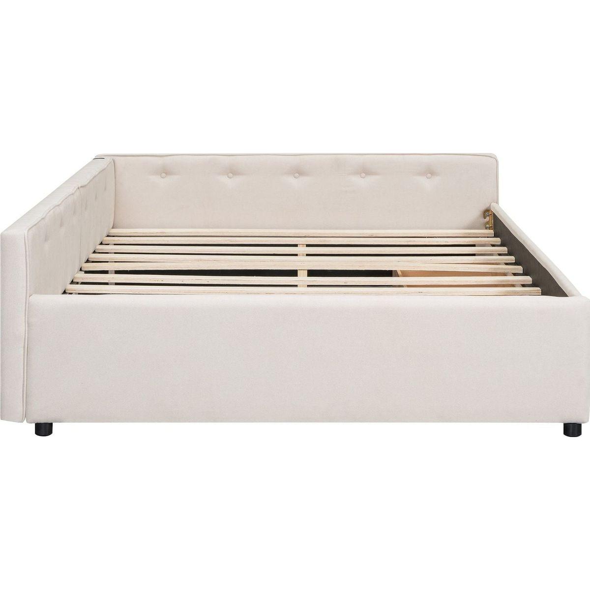 Queen Size Upholstered Platform Bed with USB and 2 Drawers, Beige