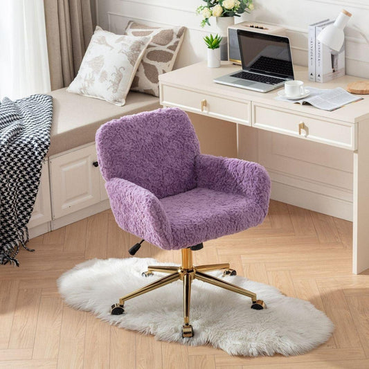 Office Chair,Artificial rabbit hair Home Office Chair with Golden Metal Base,Adjustable Desk Chair Swivel Office Chair,Vanity Chair(Violet) - Streamdale Furniture