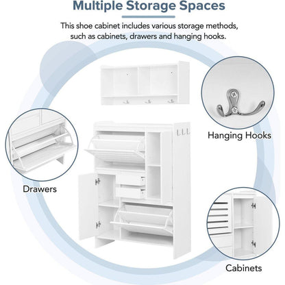 Multi-Functional Shoe Cabinet with Wall Cabinet, Space-saving Design Foyer Cabinet with 2 Flip Drawers, Versatile Side Cabinet for Hallway, White