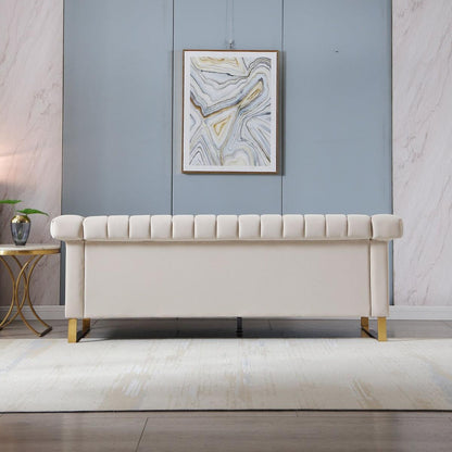 SOFA Modern Cream Velvet Sofa with Gold Accents - Sleek Channel-Tufted Upholstery, 3-Seat Couch for Living Room and Office Decor