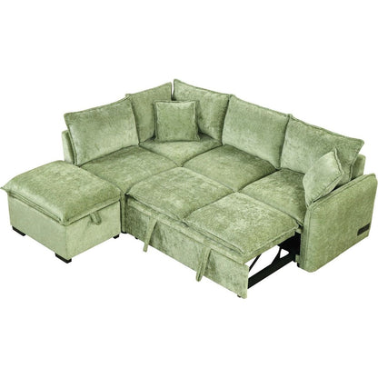 82.67"Convertible Sofa Bed Sectional Sofa Sleeper L-shaped Sofa with a Storage Ottoman,Two Pillows, Two Power Sockets and Two USB Ports for Living Room, Green