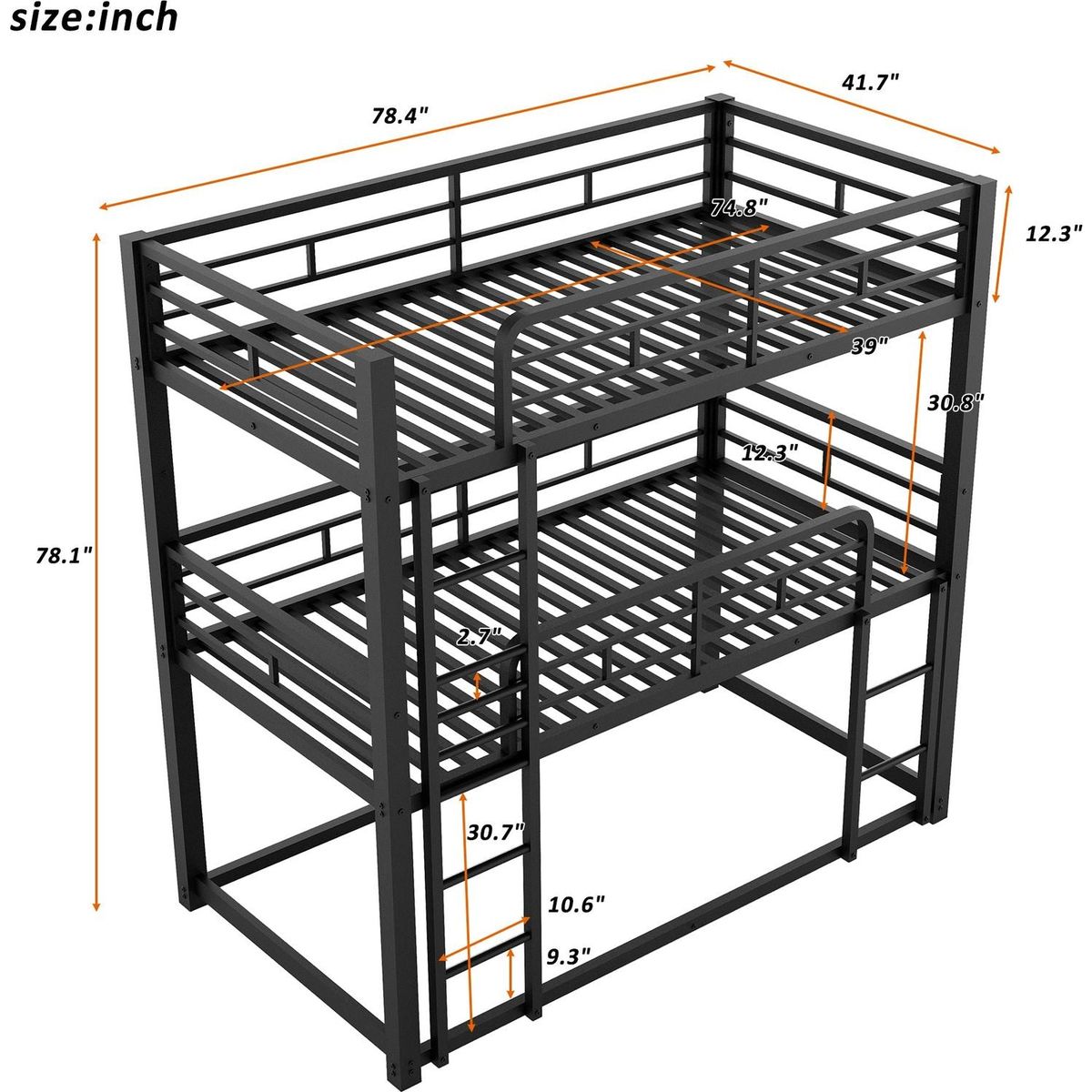 Metal Twin Size Triple Bunk Bed, Black - Streamdale Furniture