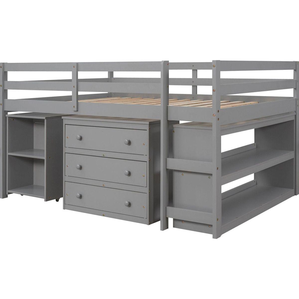 Low Study Full Loft Bed with Cabinet, Shelves and Rolling Portable Desk, Multiple Functions Bed- Gray