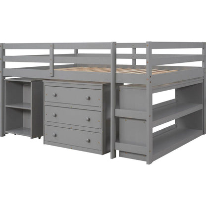 Low Study Full Loft Bed with Cabinet, Shelves and Rolling Portable Desk, Multiple Functions Bed- Gray