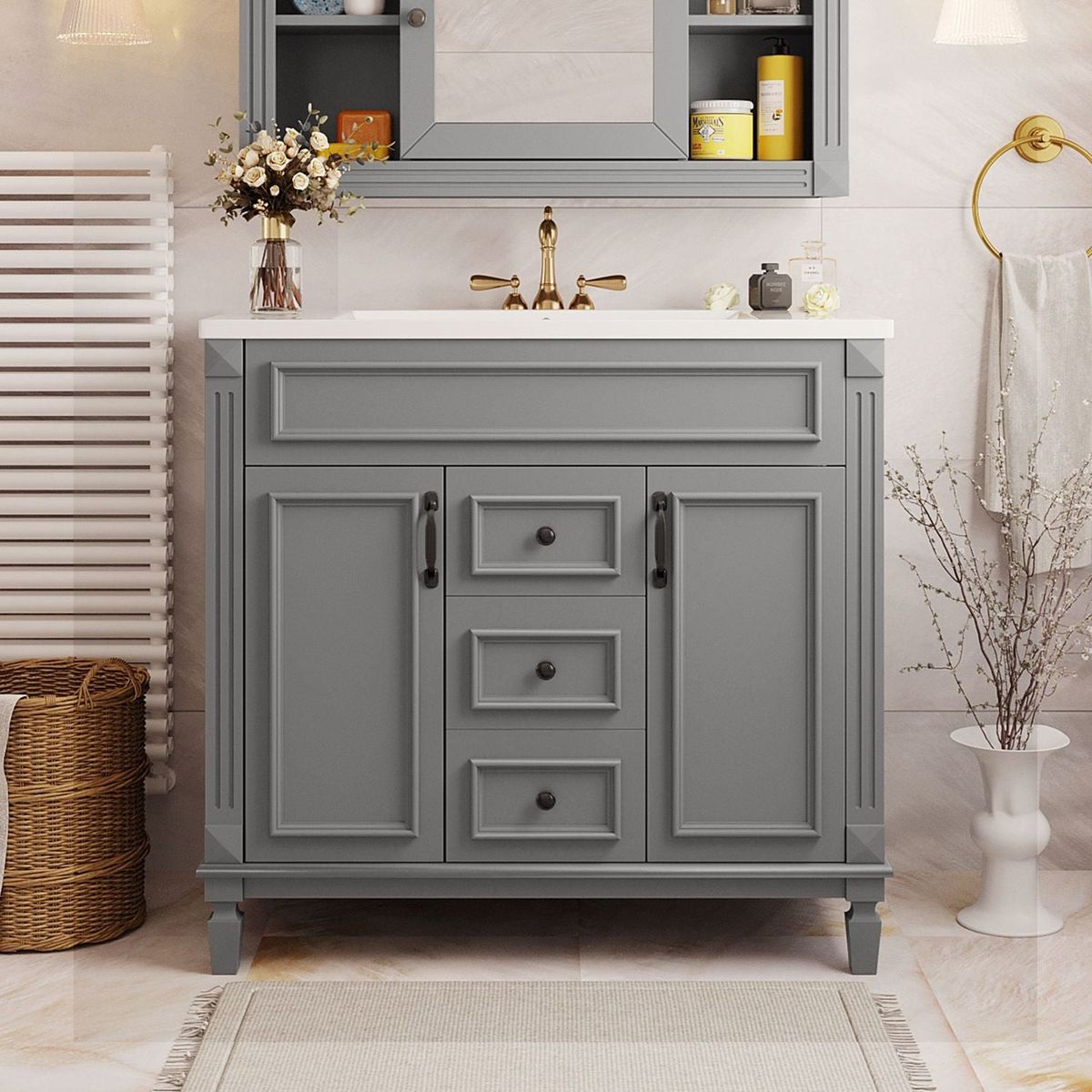 36" Bathroom Vanity with Top Sink, Modern Bathroom Storage Cabinet with 2 Soft Closing Doors and 2 Drawers, Single Sink Bathroom Vanity