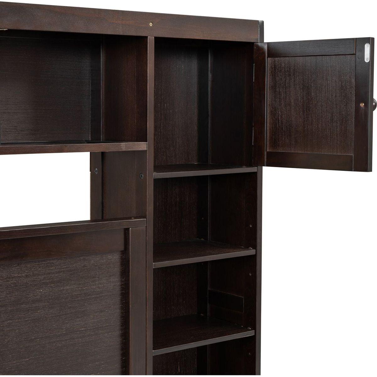 Queen Size Wooden Bed With All-in-One Cabinet, Shelf and Sockets, Espresso