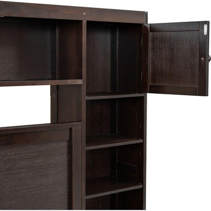 Queen Size Wooden Bed With All-in-One Cabinet, Shelf and Sockets, Espresso