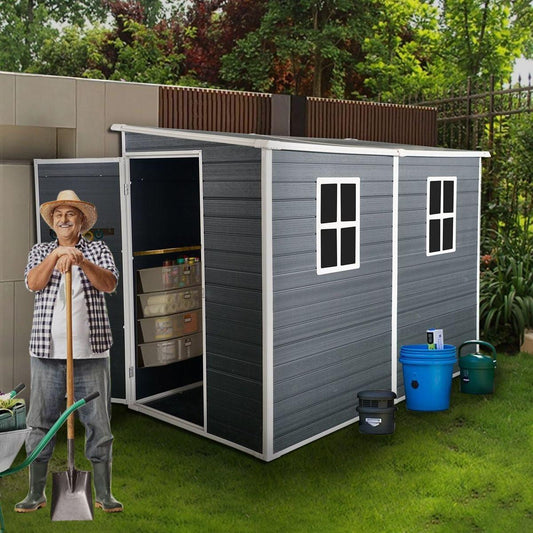 8x4ft Outdoor Resin Garden Shed with Floor and 2 Windows, Plastic Patio Outdoor Storage Shed with Lockable Door for Garden Tools, Bicycles, Trash Cans, Dark Grey