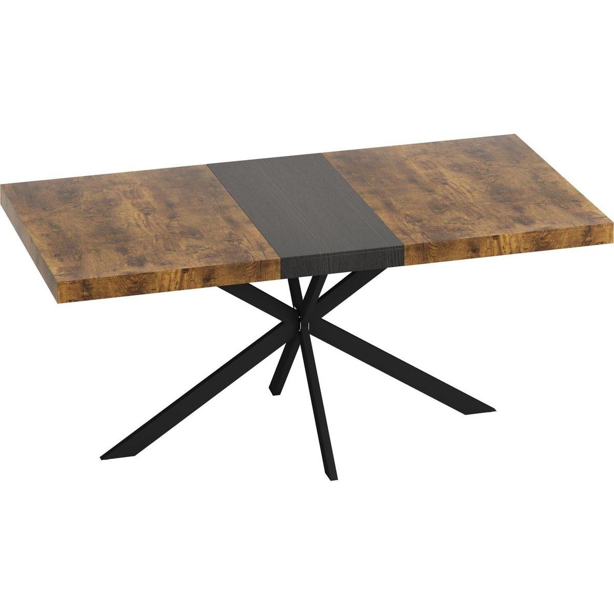 55.11" -70.86"Retro Rectangular Stretch Dining Table, Antique Wood Top And Black Relief Plate, Black Fine Sand Cross Iron Foot Base Dining Table, With Storage Box.
