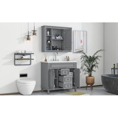 36" Bathroom Vanity with Top Sink, Grey Mirror Cabinet, Modern Bathroom Storage Cabinet with 2 Soft Closing Doors and 2 Drawers, Single Sink Bathroom Vanity