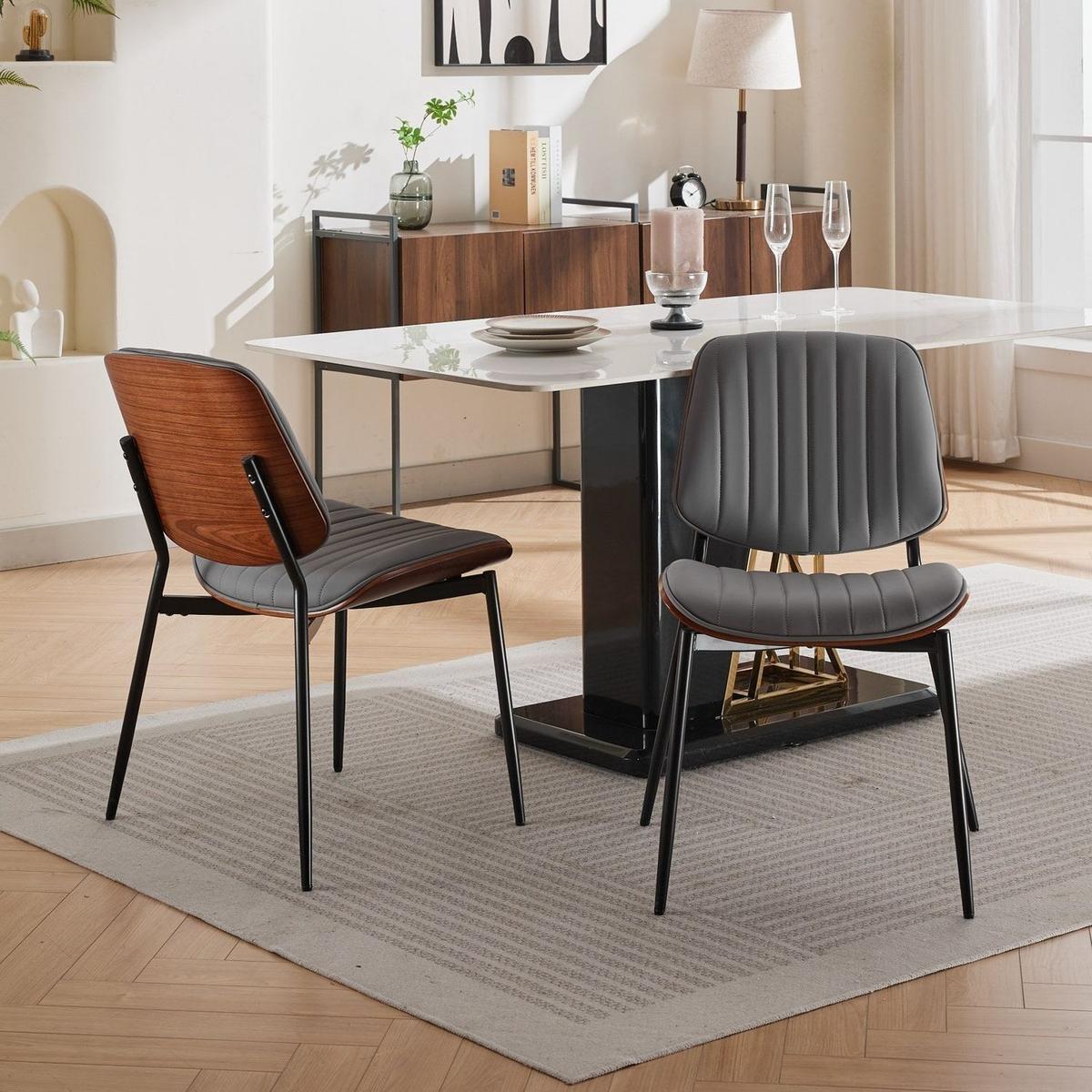 Dining Chairs Set of 2 Mid Century Modern Retro Faux Leather Chair with Walnut Bentwood Back Upholstered Seat Metal Legs Adjustable Foot for Kitchen Dining Room Chairs(Gray PU)