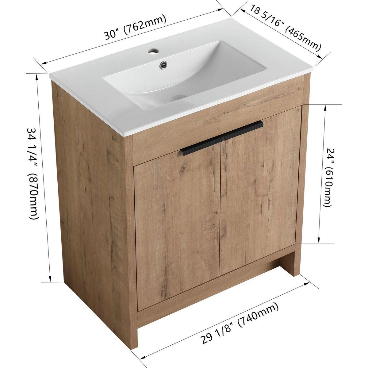 30" Freestanding Bathroom Vanity with White Ceramic Sink & 2 Soft-Close Cabinet Doors ((KD-PACKING),BVB02430IMO-