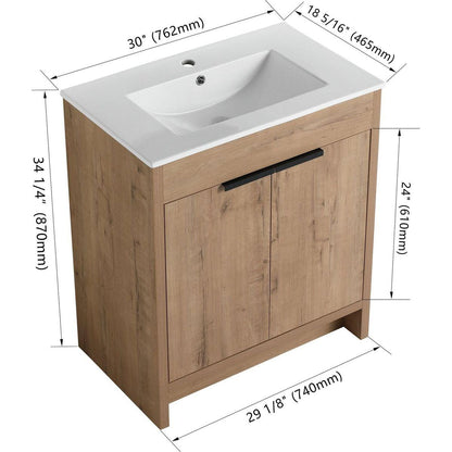 30" Freestanding Bathroom Vanity with White Ceramic Sink & 2 Soft-Close Cabinet Doors ((KD-PACKING),BVB02430IMO-