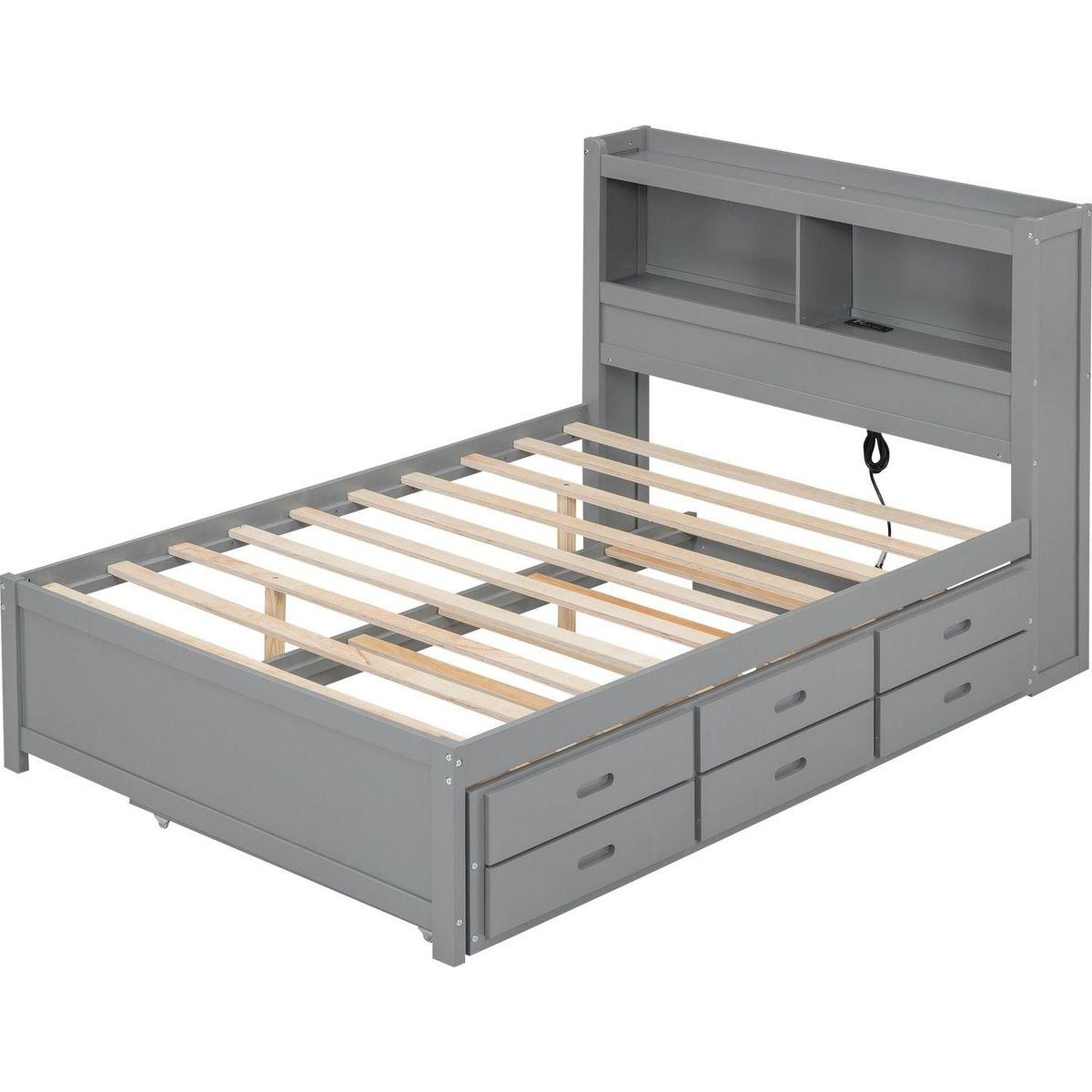 Full Size platform bed with trundle, drawers and USB plugs, Gray