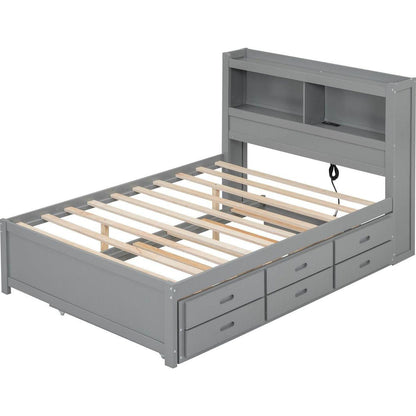 Full Size platform bed with trundle, drawers and USB plugs, Gray