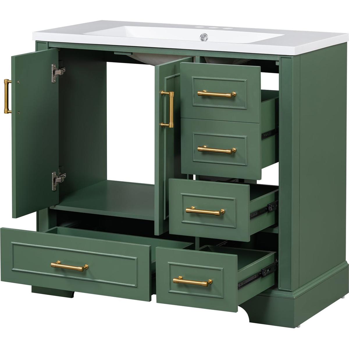 36-inch Traditional Bathroom Vanity with Resin Sink Combo Set, Green Bathroom Cabinet with Two Doors and Four Drawers