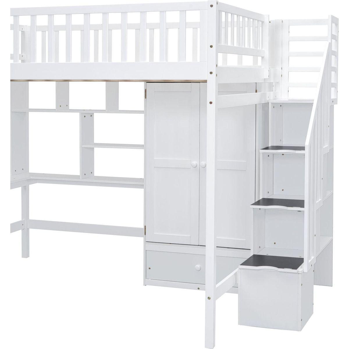 Full size Loft Bed with Bookshelf,Drawers,Desk,and Wardrobe-White