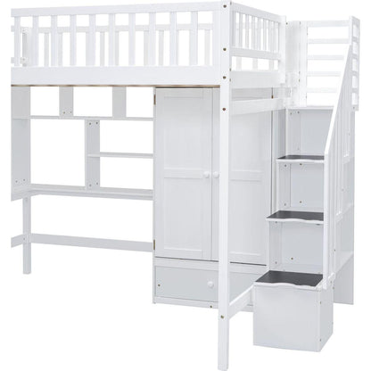 Full size Loft Bed with Bookshelf,Drawers,Desk,and Wardrobe-White