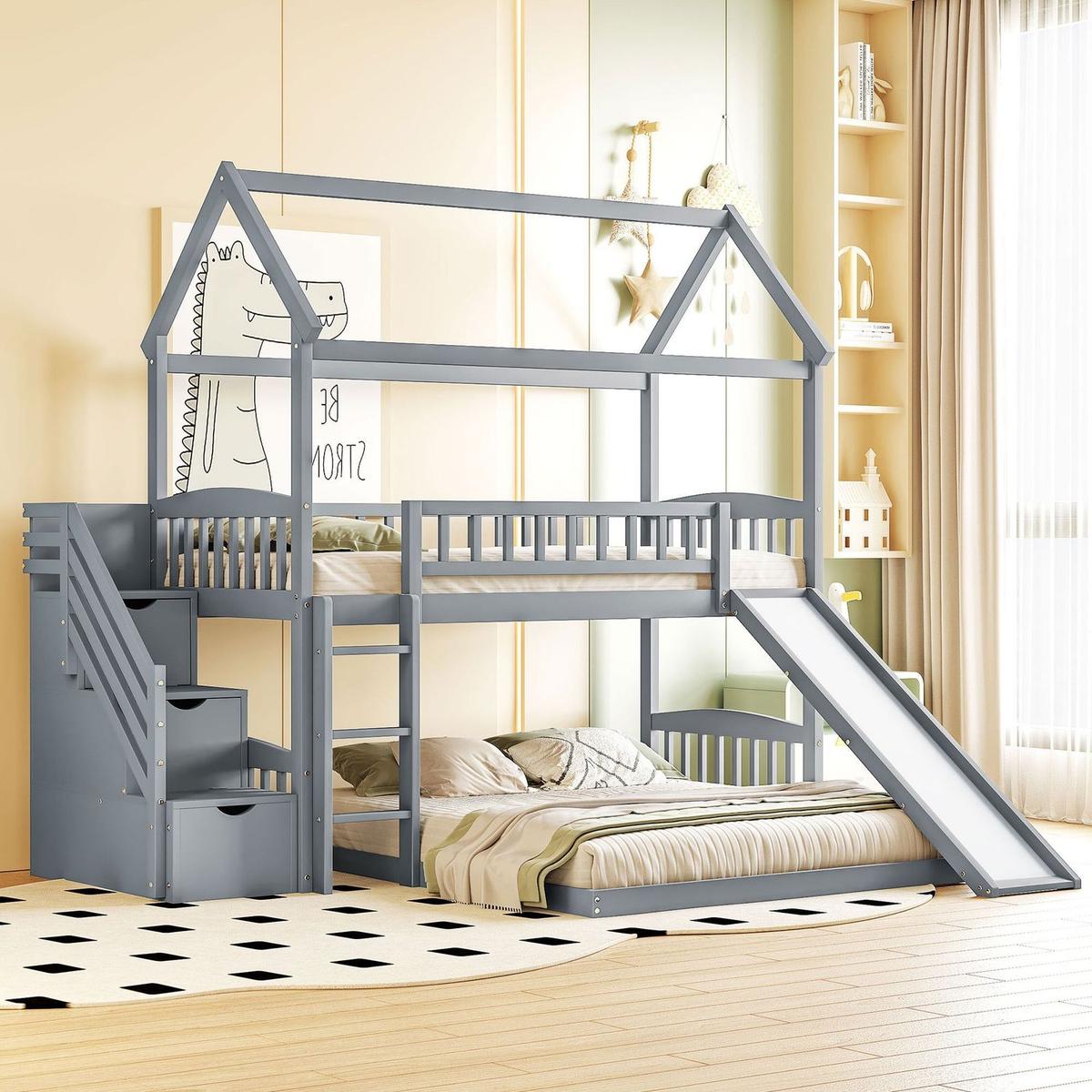Twin Over Twin Bunk Bed with Two Drawers and Slide, House Bed with Slide, White