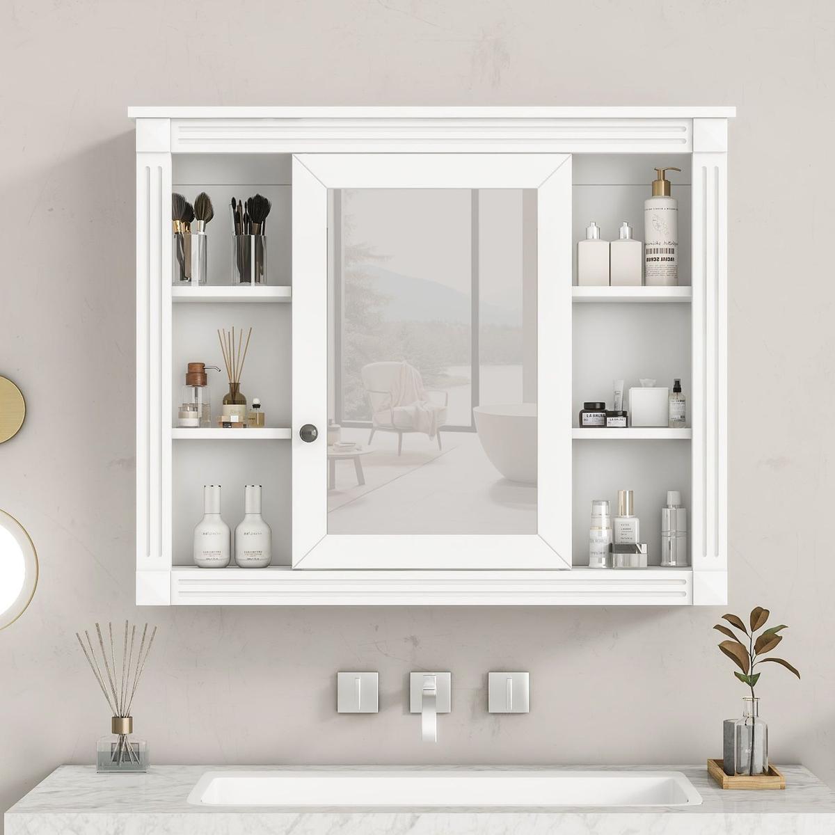 35" x 28" Wall Mounted Bathroom Storage Cabinet, Medicine Cabinet, Modern Bathroom Wall Cabinet with Mirror, Mirror Cabinet with 6 Open Shelves (Not Include Bathroom Vanity)