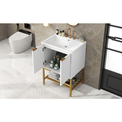 24" Bathroom Vanity with Sink, Bathroom Vanity Cabinet with Two Doors and Gold Metal Frame, Open Storage Shelf, White