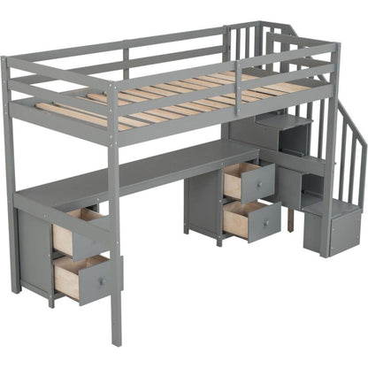 Twin Size Loft Bed Frame with Built-in Desk and Double Storage Drawers,Gray