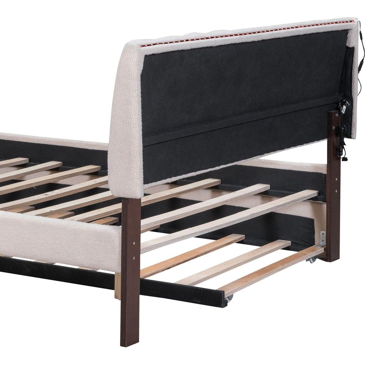 Teddy Fleece Full Size Upholstered Platform Bed with Trundle, Beige