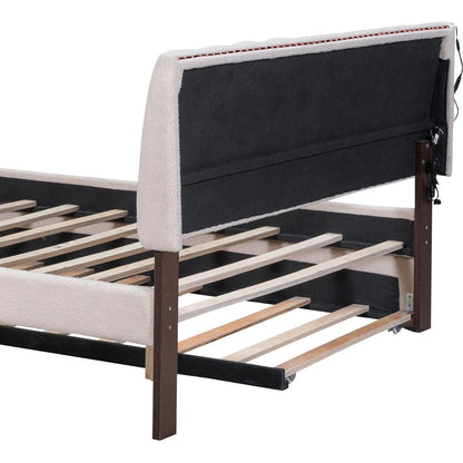 Teddy Fleece Full Size Upholstered Platform Bed with Trundle, Beige