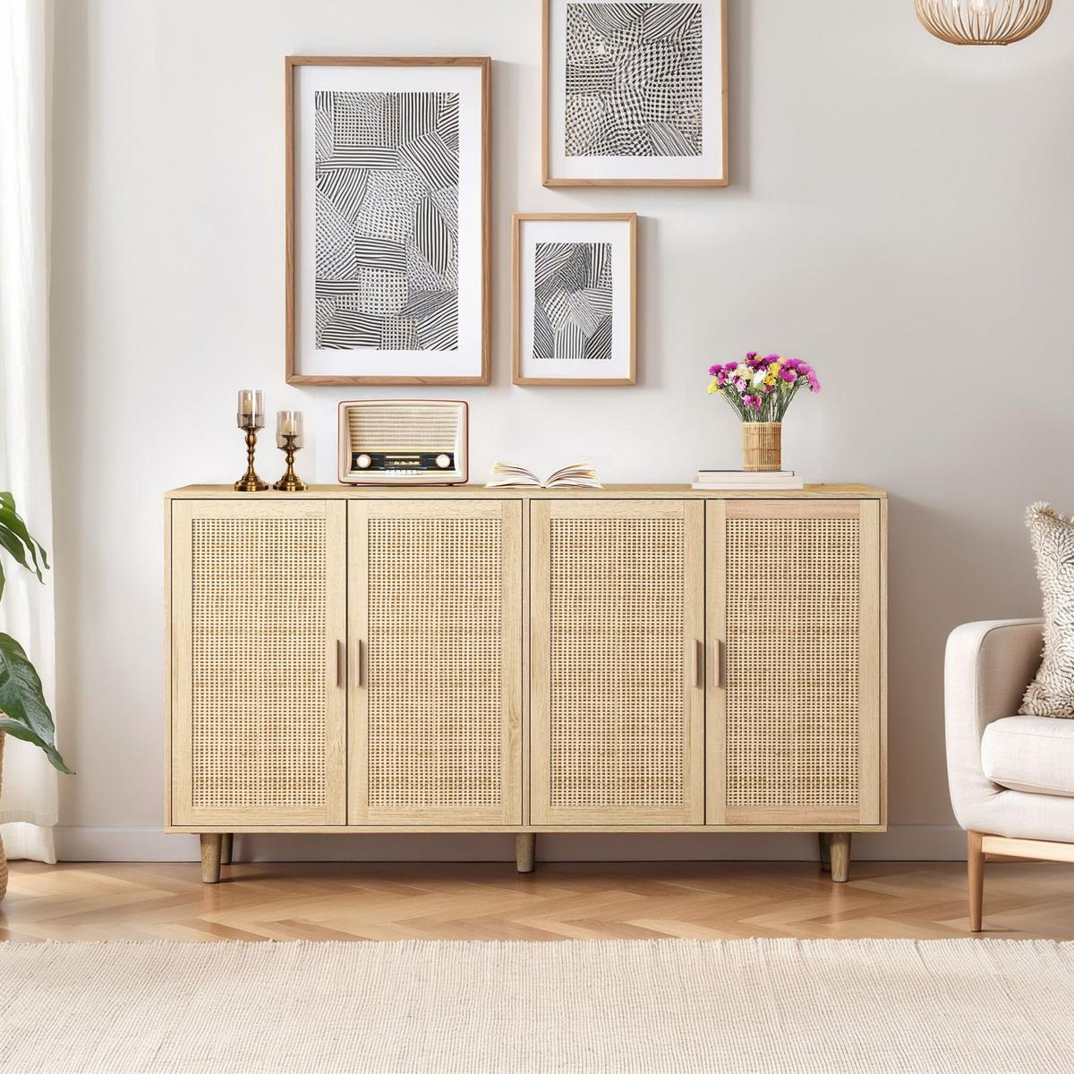 62.20"Elegant and Functional 4-Door Rattan Decorative Storage Cabinet,for Bedroom,Living Room,Office,Easy Assembly