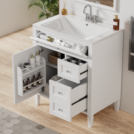 30" Bathroom Vanity with Top Sink, Modern Bathroom Storage Cabinet with 2 Drawers and a Tip-out Drawer, Single Sink Bathroom Vanity