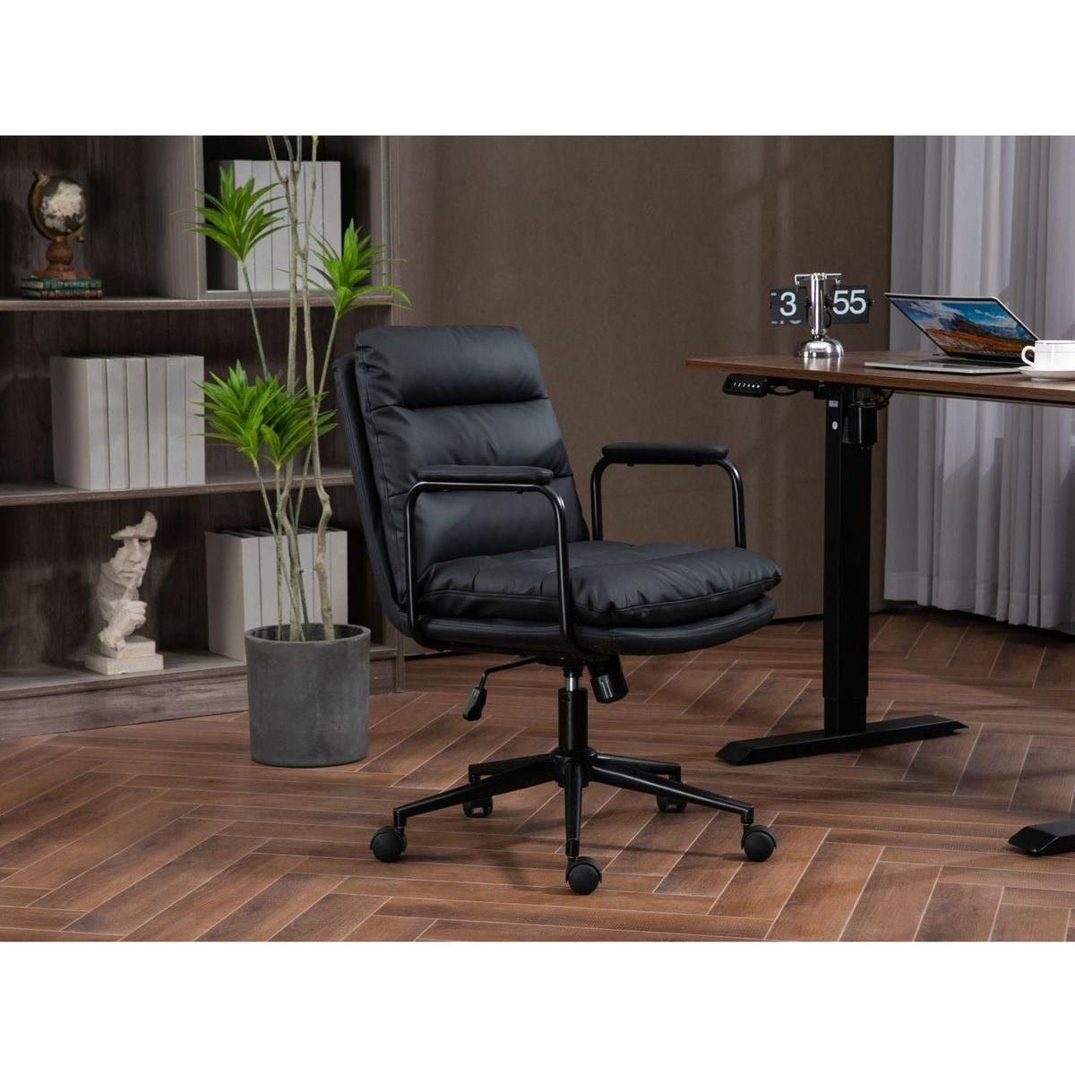 Office Chair,Mid Back Home Office Desk Task Chair with Wheels and Arms Ergonomic PU Leather Computer Rolling Swivel Chair with Padded Armrest,The back of the chair can recline 40 (Black)