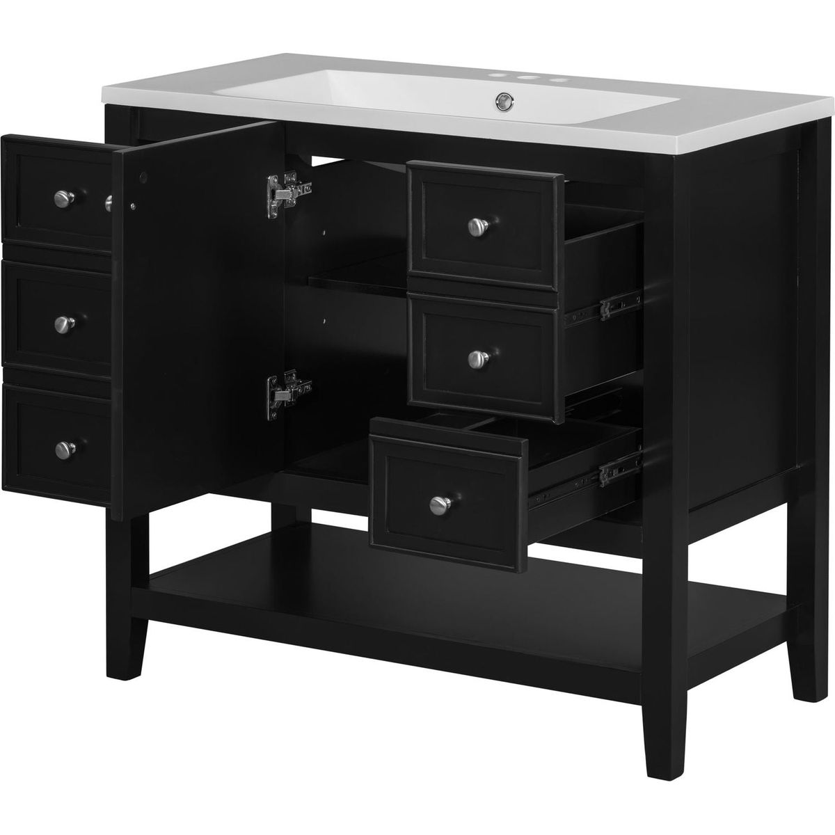 36" Bathroom Vanity with Sink Combo, One Cabinet and Three Drawers, Solid Wood and MDF Board, Black