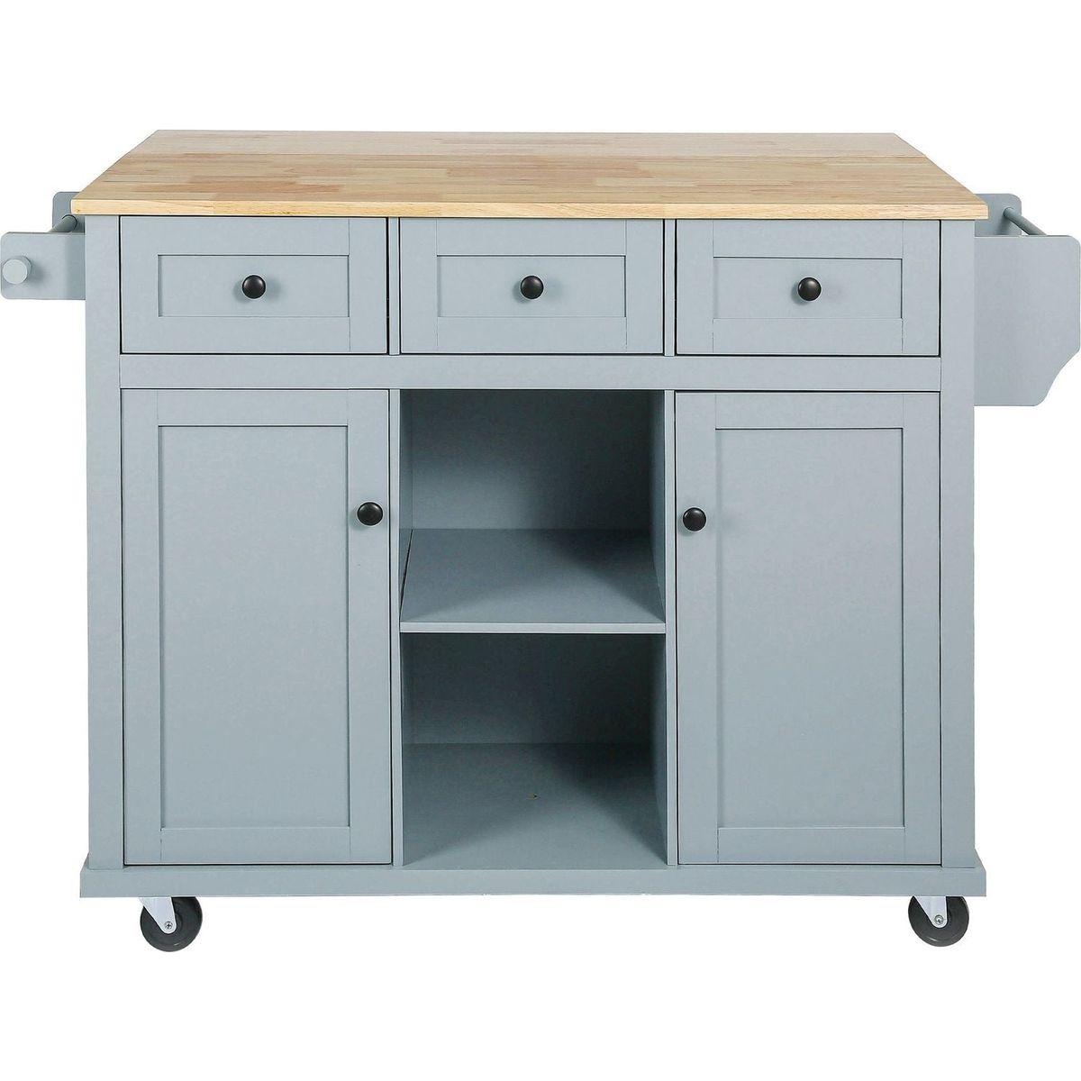 Kitchen Cart with Rubber wood Drop-Leaf Countertop, Cabinet door internal storage racks,Kitchen Island on 5 Wheels with Storage Cabinet and 3 Drawers for Dining Room, Grey Blue