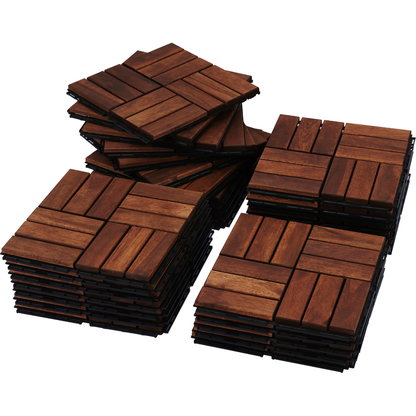 Acacia Wood Interlocking Deck Tiles Checker Pattern, 10PCS 12" x 12" Square Brown Acacia Hardwood Outdoor Flooring for Patio, Bancony, Pool Side,...