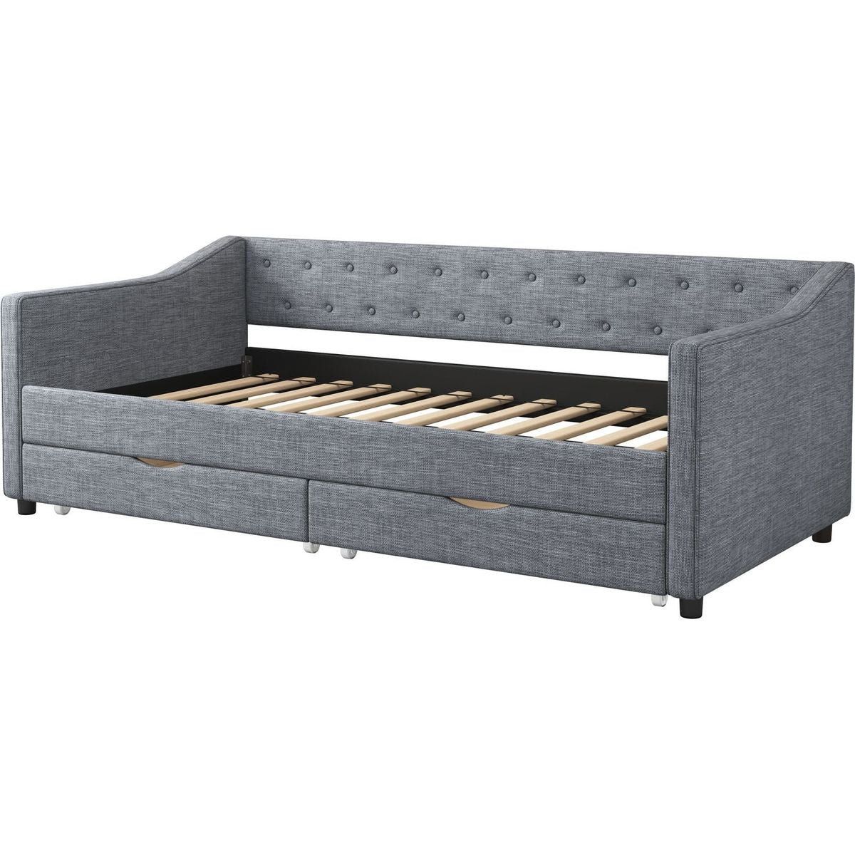 Twin Size Daybed with Drawers Upholstered Tufted Sofa Bed, with Button on Back and Piping on Waved Shape Arms-Light Grey