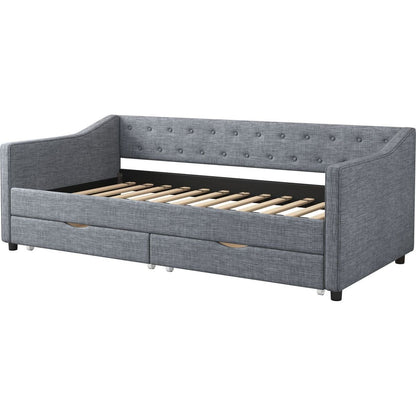 Twin Size Daybed with Drawers Upholstered Tufted Sofa Bed, with Button on Back and Piping on Waved Shape Arms-Light Grey
