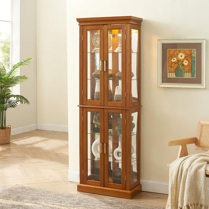 Curio Cabinet Lighted Curio Diapaly Cabinet with Adjustable Shelves and Mirrored Back Panel, Tempered Glass Doors (OAK, 6 Tier), (E26 light bulb not included)