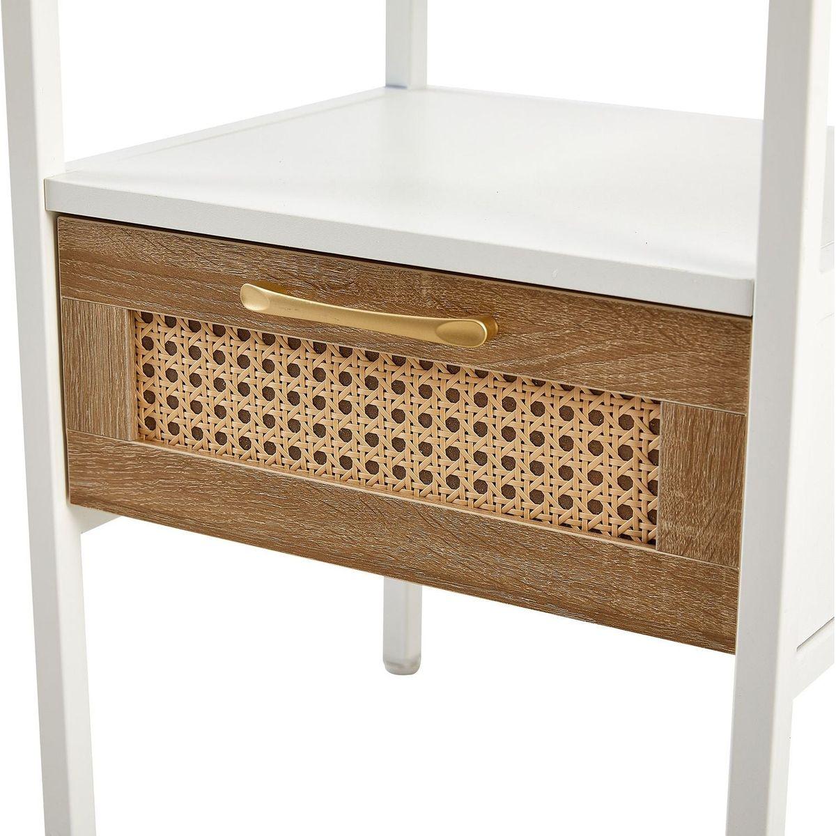 Set of 2, 15.75" Rattan End table with Power Outlet & USB Ports, Modern nightstand with drawer and metal legs, side table for living room, bedroom,white