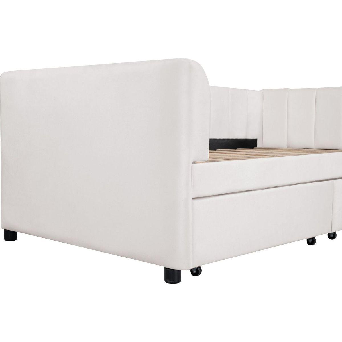 Twin Size Upholstered Daybed with Ergonomic Design Backrest and 2 Drawers, Beige
