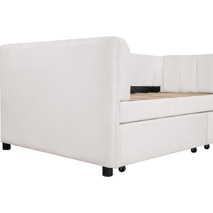 Twin Size Upholstered Daybed with Ergonomic Design Backrest and 2 Drawers, Beige